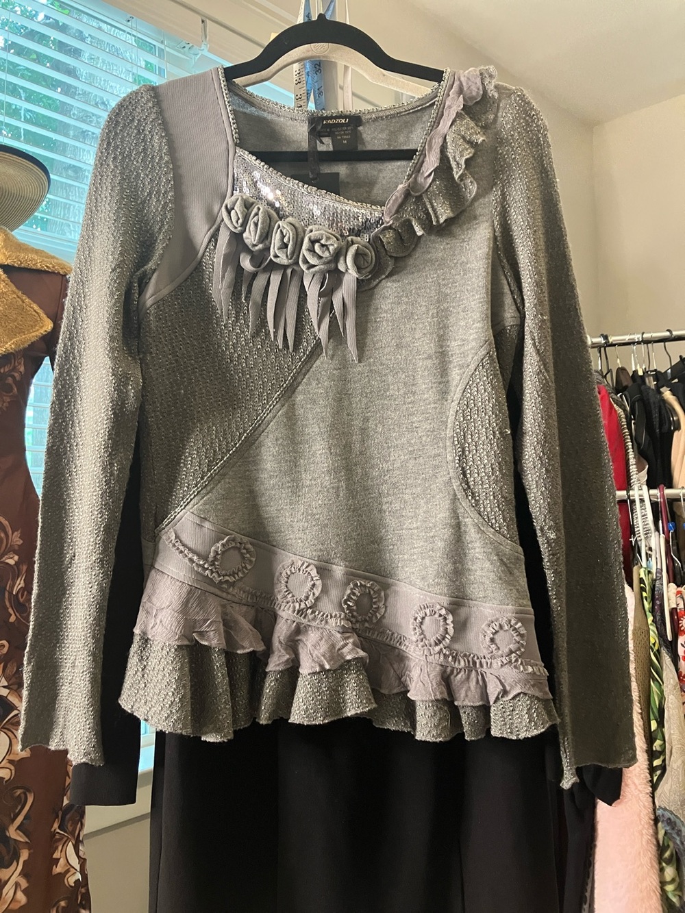 Radzoli Light Gray Ruffle & Rosette Knit Sweatshirt